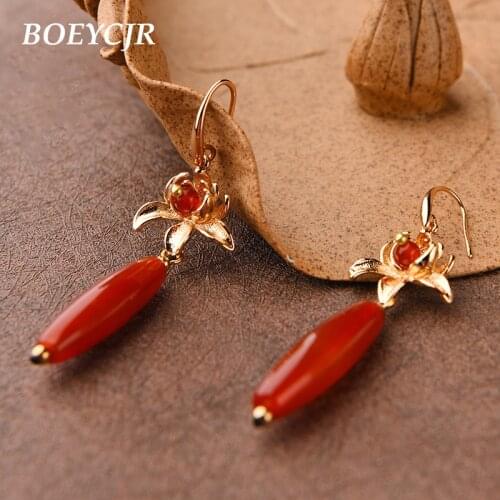 BOEYCJR Ethnic Vintage Gold Color Flower Red Stone Bead Dangle Earrings Fashion Jewelry Drop Flower Earrings For Women