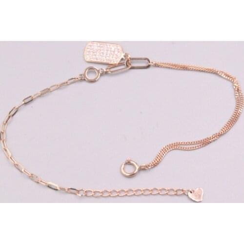 Pure 18K Rose Gold Bracelet Long Square Circle Wheat Link Chain Zircon Oblong Bracelet Woman Lucky Gift 2.2g