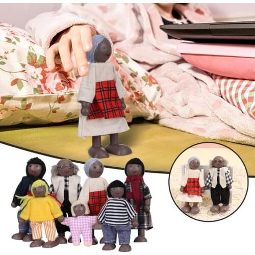 Wooden Doll Toy Doll Miniature 7PCS Black Puppet Toy Joint Adjustable Doll House Dollhouse Puppet Educational Wooden Toy
