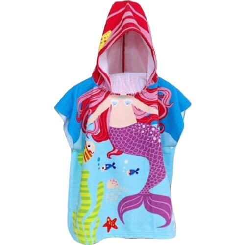 Children Bath Towel Cartoon Purple Mermaid Kids Beach Hooded Cloak Boys Girls Swimming Poncho Fiber Bathrobe Baby Shower Product