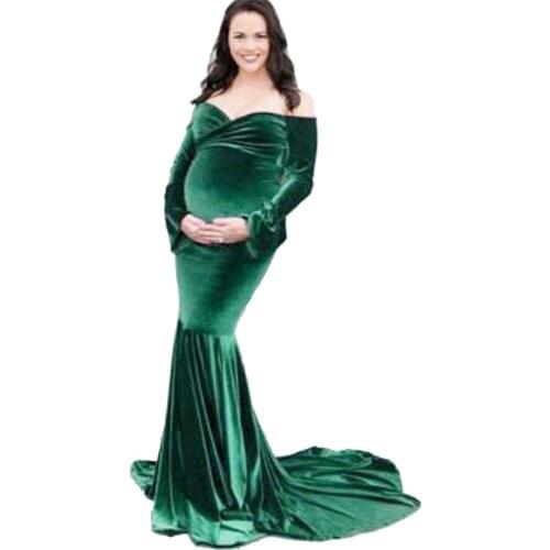 Long Golden Velvet Pregnant Woman V-neck Tailed Maternity Dresses For Photo Shoot Voile Mermaid Maternity Photography Props 2021