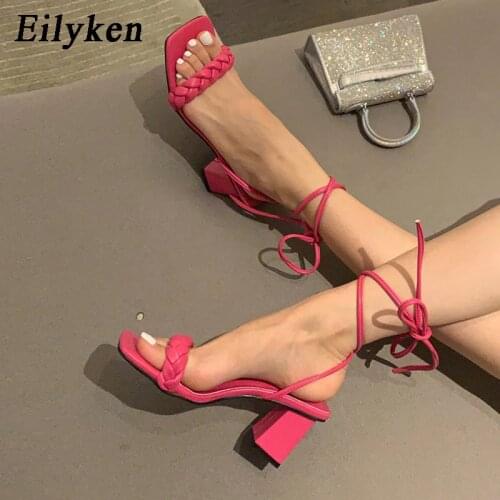 Eilyken New Fashion Women Weave Sandals Square High Heel Lace Up Gladiator Shoes Narrow Band Back Strap Sandal Zapatos Mujer