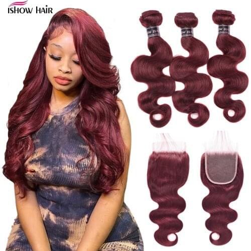 Ishow Burgundy Human Hair Bundles With Closure 99J Ombre Bundles With Closure Red Hair Body Wave Hair Bundles With Lace Closure