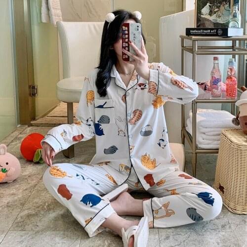 Kawaii Women Pajamas Set Cute Tops Cat Print With Trousers 2 Piece Home Clothes Anime Pijama Pikachu Long Sleeve Sleepwear