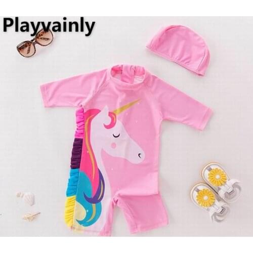 Baby Girls Swimming Wear Unicorn pink One Piece Swimsuits with Hat Children Fashion Swimwear E71326