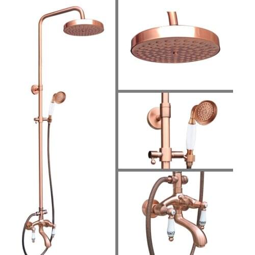 Antique Red Copper Wall Mounted Rain Bathroom Rainfall Shower Faucet Set with Hand Spray Shower Head Tub Mixer Tap 2rg535