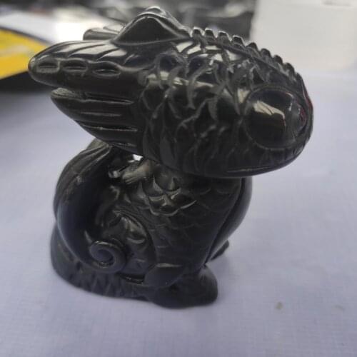 Natural Stone Black Obsidian Handmade Carved Toothless Dragon Polished Animal Powerful Statue For Home Decoration Gift