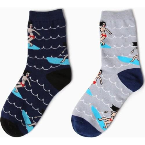 MenS WomenS Creative Wave Bikini Girls Cartoon Socks Novelty Funny Female Male Naked Girl Illustration Cotton Socks