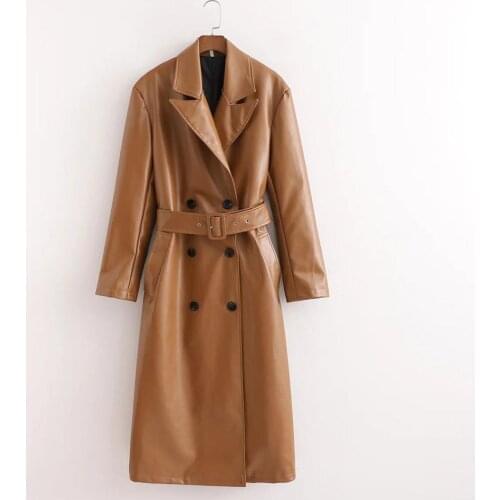 New Pop Women Long Jackets PU Faux Leather Belt Double breasted Long Sleeves Casual Vogue Long woman Coats