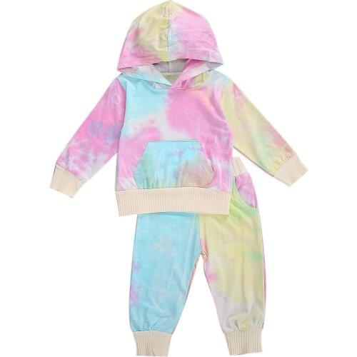 Baby Girls Long Sleeve Hooded Sweatshirt Pockets Top Sweatpants Trousers Suit Children Kids Autumn Spring Tie-dye Set 6M-4Y