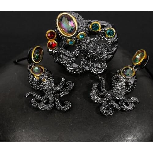 Wholesale Creative Cute Black Octopus Colorful Crystal Ring Earring Jewelry Set for Women Party Wedding Accessories