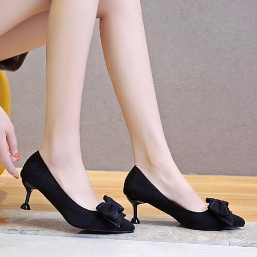 Spring Women Boat Shoes Faux Suede High Heels Dress Shoes Pointed Toe Butterfly Knot Pumps Thin Heeled Female Office Shoe 8882G