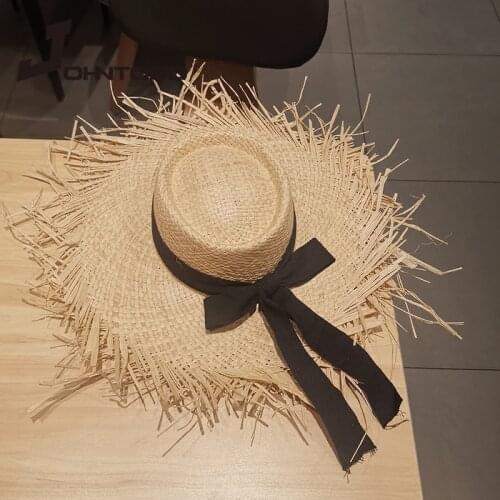 2021 New Women Straw Sun Hats Handmade Large Wide Brim Black Ribbon Natural Raffia Panama Beach Straw Sun Caps Holiday Wholesale