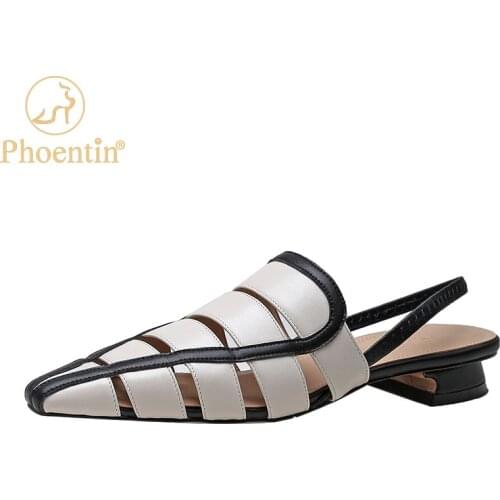 Phoentin Women Sandals Cow Leather 2021 New Arrival Fashion Summer Casual Shoes Pointed Cover Toe Low Heels Beige Mules FT1480