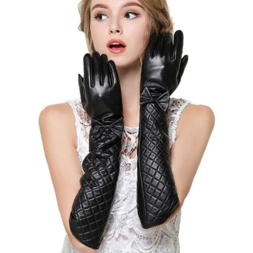 New Winter Long Leather Gloves Women Made Of Italy Genuine Sheepskin Warm Bow Hand Gloves Ladies Fingerless Gloves Deri Eldiven