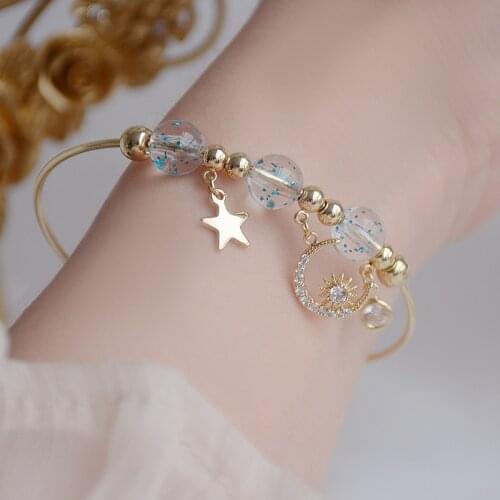 Delicate Zircon CZ Moon Star Charm Bracelets for Women 14K Real Gold Plated Elegant Crystal Bangles&bracelets
