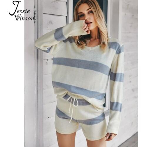 Jessie Vinson Striped Two Piece Set Women Casual Knitted Long Sleeve Sweater Top Shorts Tracksuit 2 Piece Set Women Knitwear
