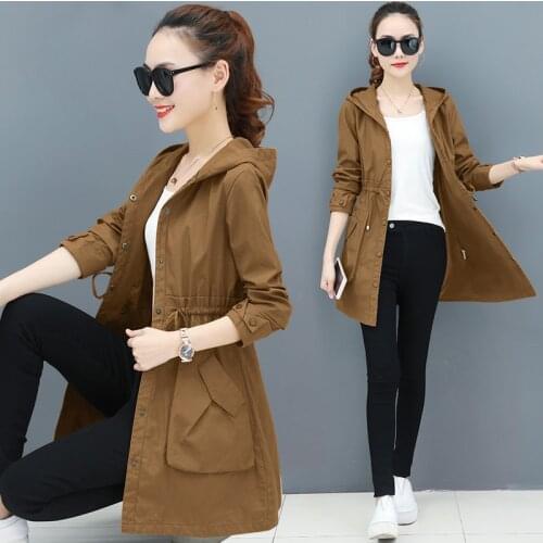 2021 New Spring Autumn Thin Trench Coat Women Long Sleeve With Hooded Windbreaker Fashion Clothing Loose Outerwear Female