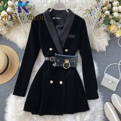 Black Suit Dress Jacket Women Fashion Waist Bag Decoration V-Neck Double Breasted Velvet Dress Ladies Autumn Winter Party Dress