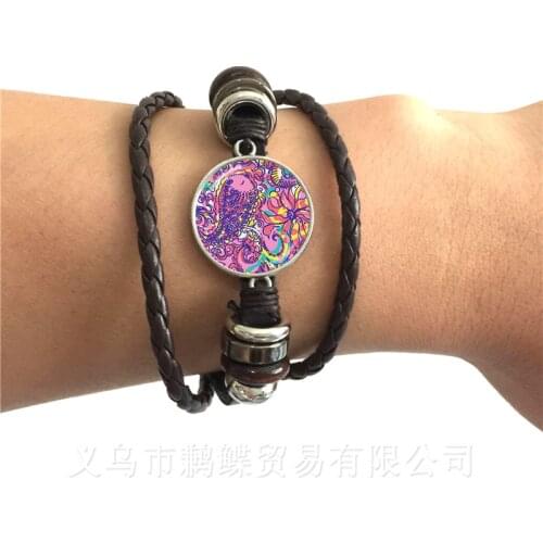 20mm Round Glass Cabochon Tropical Printing Adjustable Leather Bracelet For Friends Black/Brown 2 Color Leather Cords