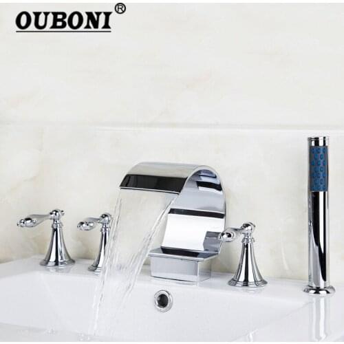 OUBONI Solid Brass Waterfall Faucets Mixer Tap Deck Mount 3 Handles Taps Bathtub Mixer Chrome Bathtub Bathroom Faucet 5 Pcs Set
