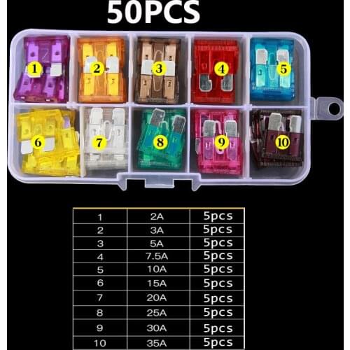 50PCS Profile Medium Size Blade Type Car Fuse Assortment Set Auto Car Truck 2.5/3/5/7.5/10/15/20/25/30/35A Fuse with Box Clip