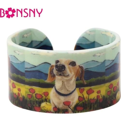 Bonsny Acrylic Wide Floral Dachshund Dog Pattern Bangle Bracelet Fashion Animal Jewelry For Women Girls Pet Lovers Gift Original