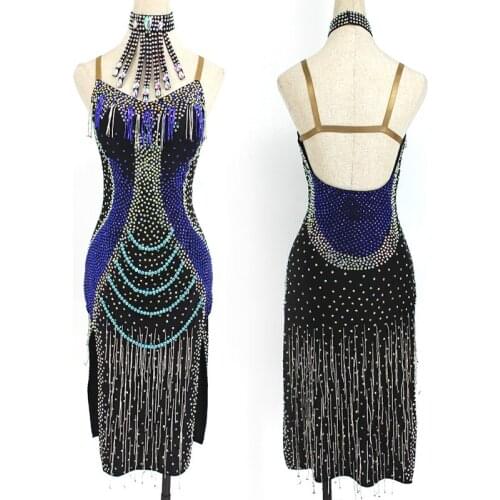 Sparkling Latin Dance Dress Rhinestone Fringe Split Sexy Costume For Women Samba Salsa Dancing Prom Performance Clothes BL5399