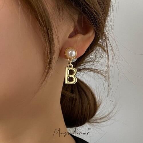 French Vintage Style Retro Oversized B LETTERS Pearl Drop Earrings Elegance Women Jewelry