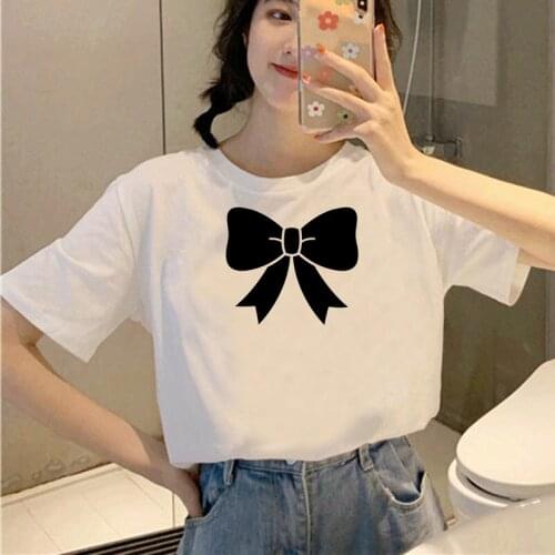 Women Tshirts Summer Cute Bowknot Painting Vintage Fashion Aesthetic White T-Shirt 90s Cute Art Tee Hipster Top Streetwear