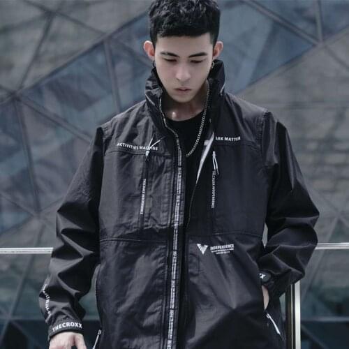 CROXX Techwear Mens Lightweight Stow Hood Cargo Jacket Letters Graphic Hip Hop Punk Fashion