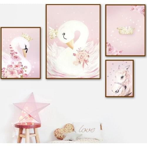 Swan Horse Fox Princess Crown Flower Cake Dream Wall Art Canvas Painting Nordic Posters And Prints Wall Pictures Kids Room Decor