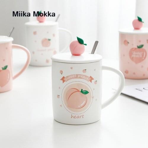 Kawaii Peach Mug 301-400ML Cute Pink Ins Ceramic Cup Student Korean Style Cartoon Mug with Lid and Spoon Milk Water Coffee Cup