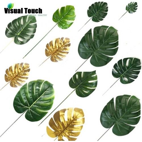 Visual Touch 12pcs Set 2 Colors Artificial Fake Monstera Palm Leaves Green Plants Wedding DIY Decoration Arrangement Plant Leaf