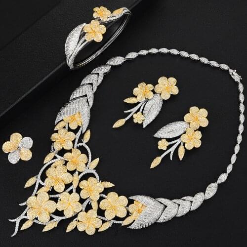 KellyBola Luxury Crown Leaf Flower Jewelry Wedding Cubic Zirconia Statement Necklace Earrings Bangle Ring Sets for Women