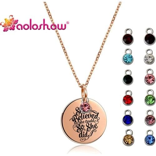 Rose Gold Color Disc Engrave Inspirational Words Encouragement Necklace for Women Men Customized with Birthstone Christmas Gifts