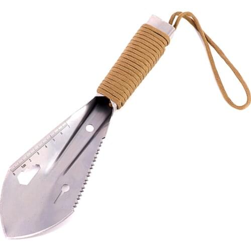 Outdoor Camping Survival 7-in 1 Stainless Steel 420 Garden Multifunctional Mini Shovel with Rope Handle Carrying Pouch