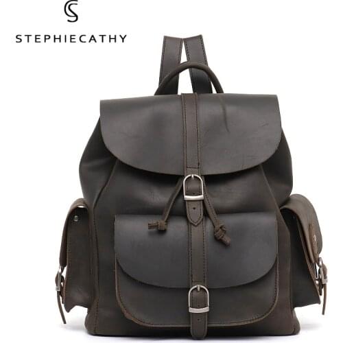 SC Retro Crazy Horse Leather Backpack Women Casual Functional Pockets Flap Shoulder Bags Drawstring Female Real Leather Knapsack