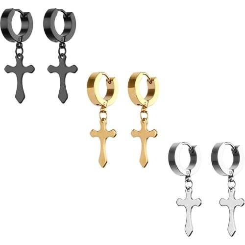 Hot Fashion Women Cross Hoop Earring Silver Color Gold Black Titanium Steel Round Jesus Cross Charm Long Hoop Earrings Jewelry