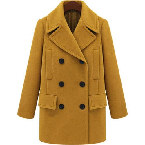 Yellow Wool Coat for Women Long Sleeve Casual Woolen Winter Cape Plus Size Tops Double Breast Clothing Fall Workwear Office Lady