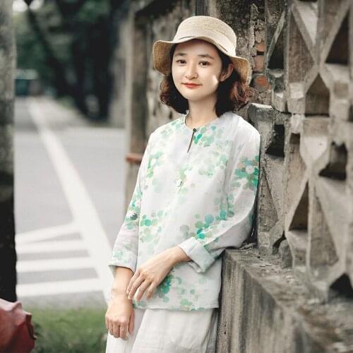 Women Loose Printed Ramie Blouse Shirts Tops Ladies Vintage Double Layer Shirt Female Ramie Vintage Tops Spring Autumn