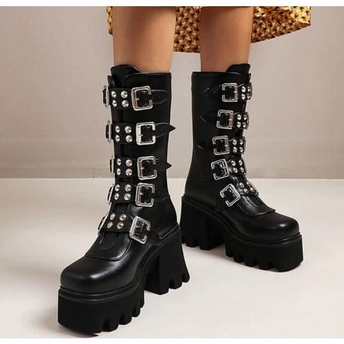 Big Size 43 Top Quality Block High Heels Winter Dropship Gothic Cosplay Women Shoes Platform Fashion Street Motorcycles Boots