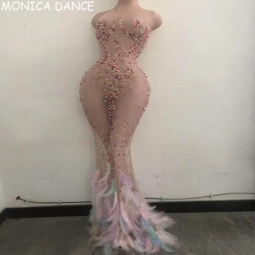 Women Sexy Stage Multi-color Pearl Feather Tail Transparent Net Long Dress Birthday Celebrate Outfit Bar Prom Women Dance Dress