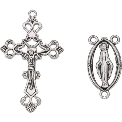 Pandahall 10sets Rosary Cross and Center Sets for Rosary Bead Necklace Making, Alloy Crucifix Cross Pendants and Virgin Links