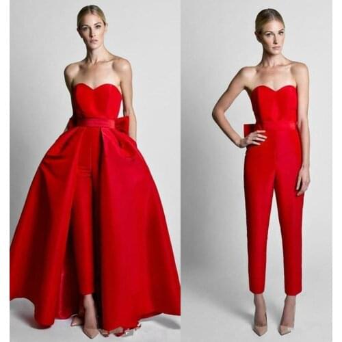 2019 Modest Red Jumpsuits Prom Dresses With Detachable Skirt Strapless Formal Gowns Party Pants for Women Custom Made