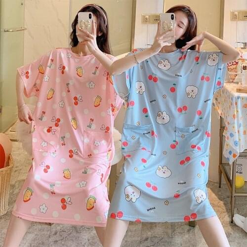 2021 New Summer Plus Size Short Sleeve Long Dress Nightgowns for Women Korean Loose Sleepwear Night Dress Nightdress Home Nighty