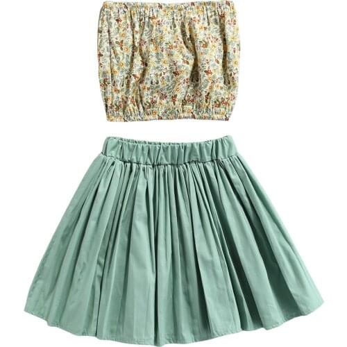 2021 1-6Y Boho Kids Baby Girl Clothing Set Floral Print Off Shoulder Tube Top Vest+Pleated A-line Skirt Summer Holiday 2pcs