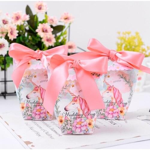 30pcs/pack Colorful Unicorn Gift Boxes Wedding Favors Packaging Birthday Party Candy Box Paper with Ribbon Pink Baby Shower Girl
