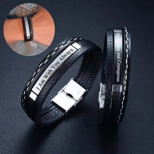 DIY Custom Engrave Name Mens Bracelets Fashion Personiality Multi-layer PU Leather Wristband Jewelry For Man Gift