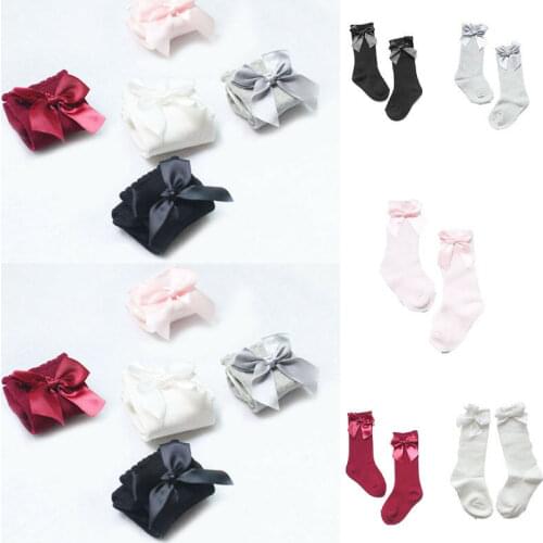 Toddler Baby Girls Knee High Stockings Cotton Bow Knee Tight Ribbon Socks Set Leg Warmer Stockings
